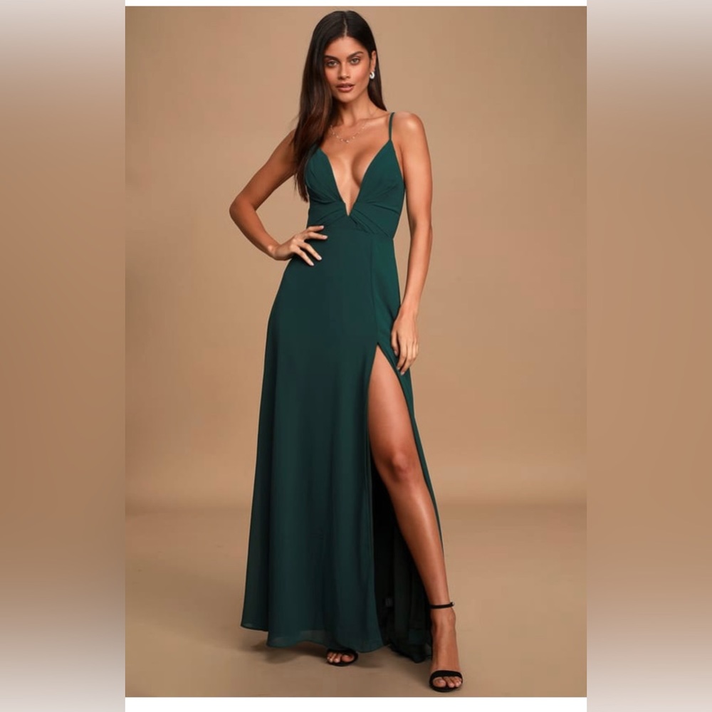Women’s Long Hunter Green Formal Dress with Slit & Deep V, Spaghetti Strap